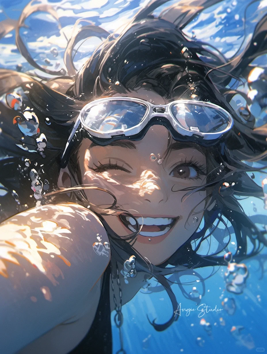 Midjourney水下女孩儿🤿飞去热带的岛屿游泳