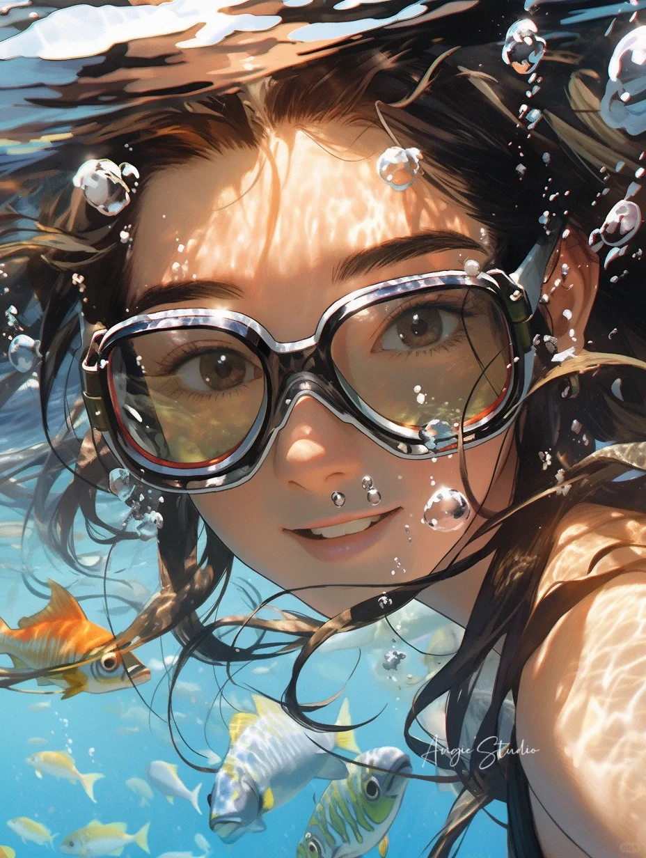 Midjourney水下女孩儿🤿飞去热带的岛屿游泳