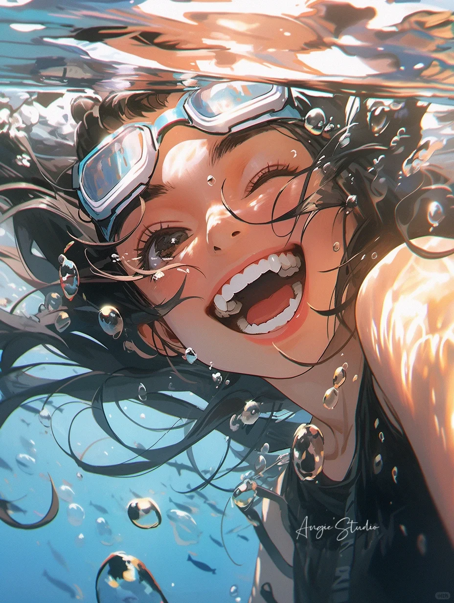 Midjourney水下女孩儿🤿飞去热带的岛屿游泳