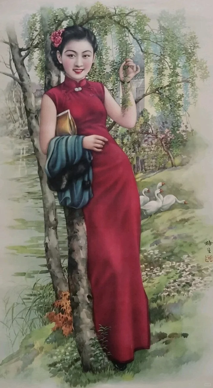 月份牌上那些穿红色旗袍的姑娘们