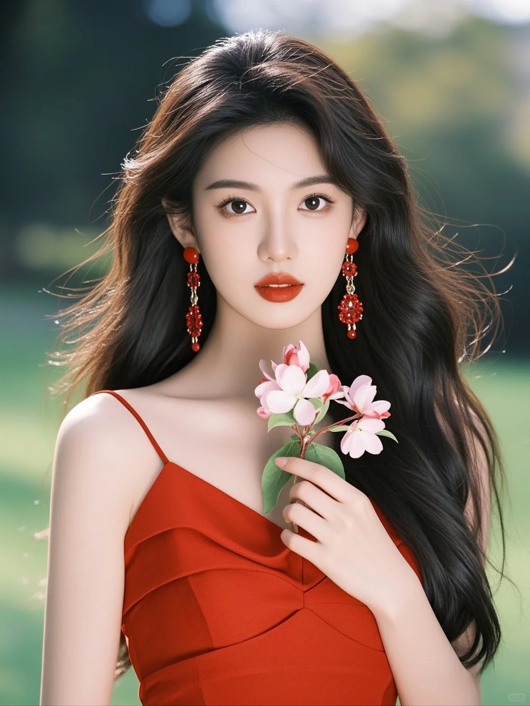 红色与鲜花的碰撞，是她的独特魅力