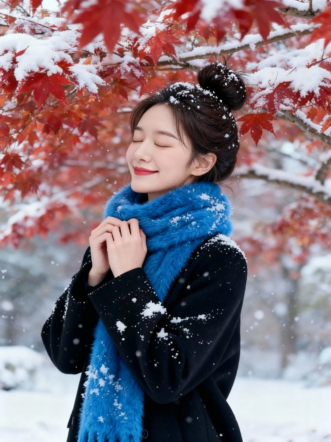 AI秋已尽冬又来红枫落雪写真