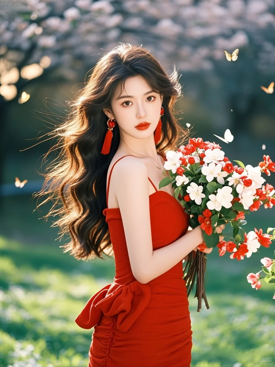 红色与鲜花的碰撞，是她的独特魅力