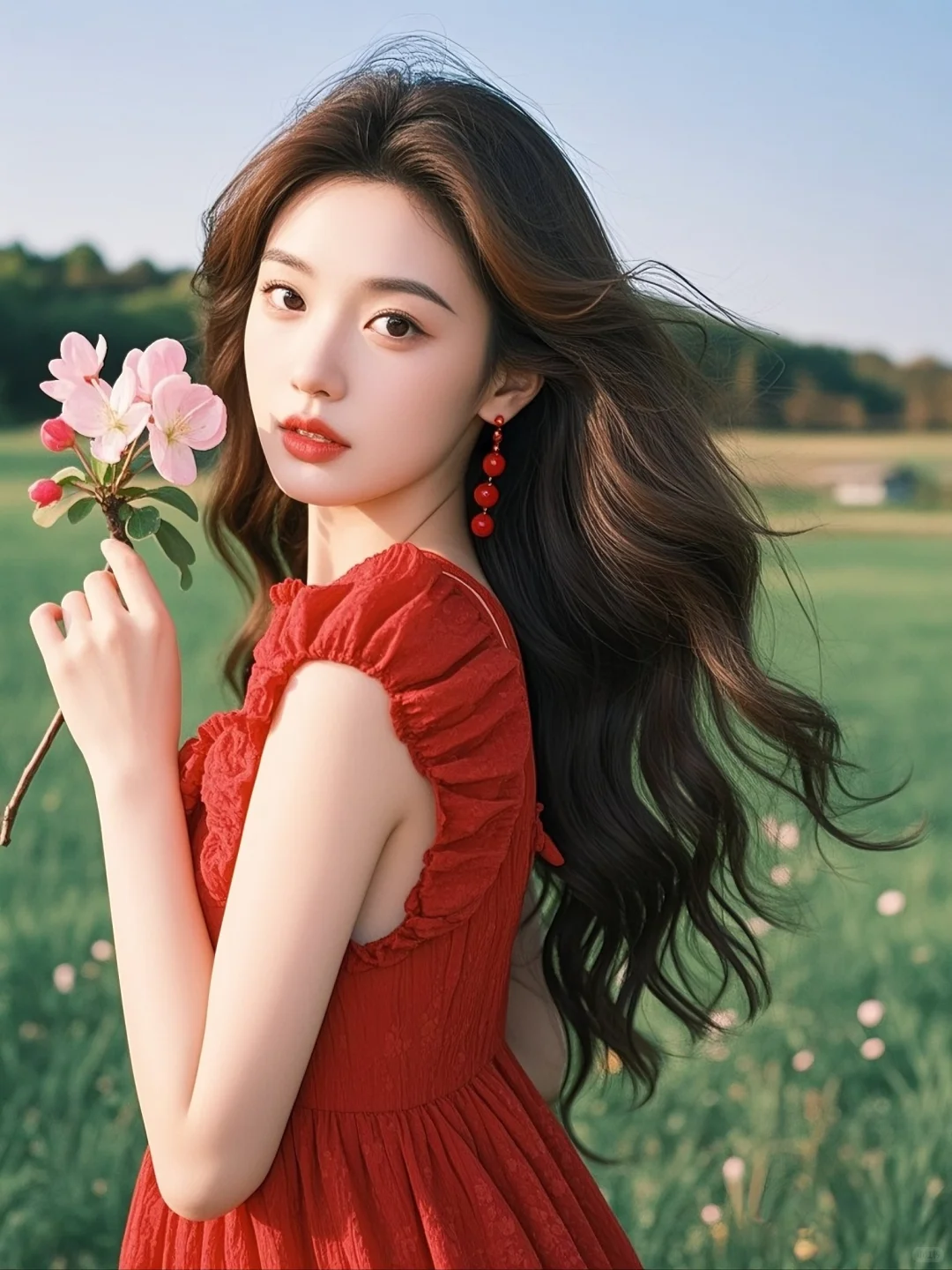 红色与鲜花的碰撞，是她的独特魅力