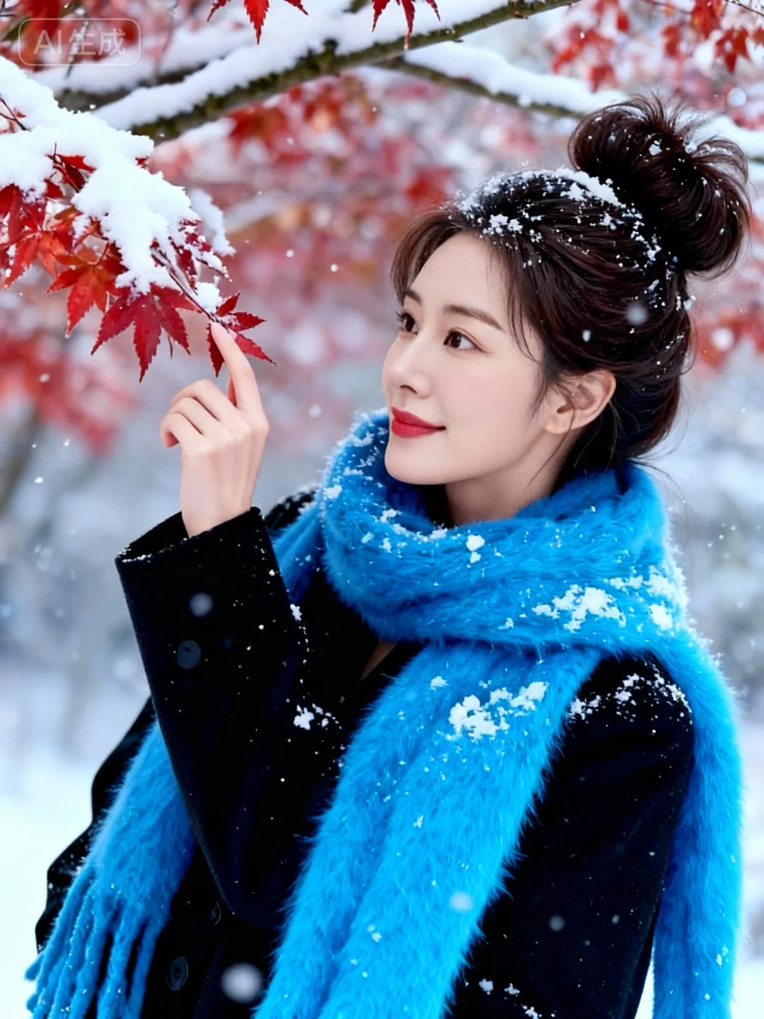 AI秋已尽冬又来红枫落雪写真