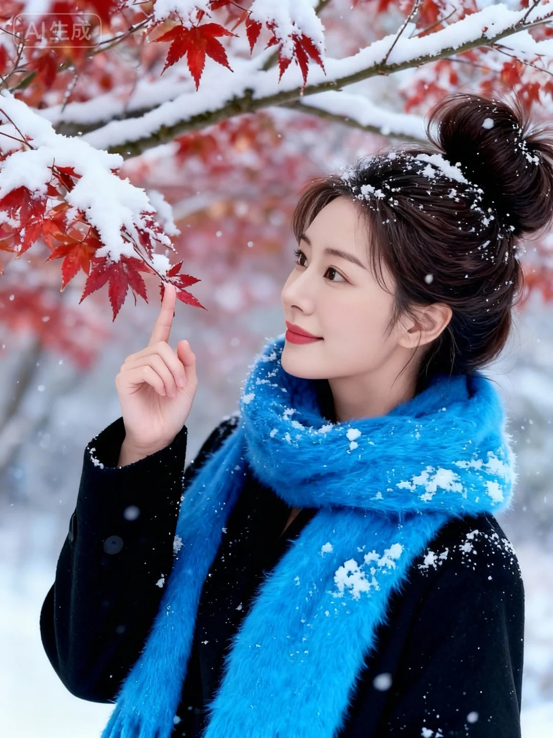 AI秋已尽冬又来红枫落雪写真