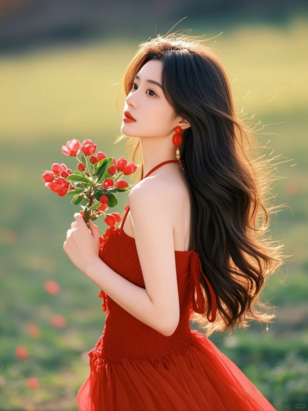 红色与鲜花的碰撞，是她的独特魅力