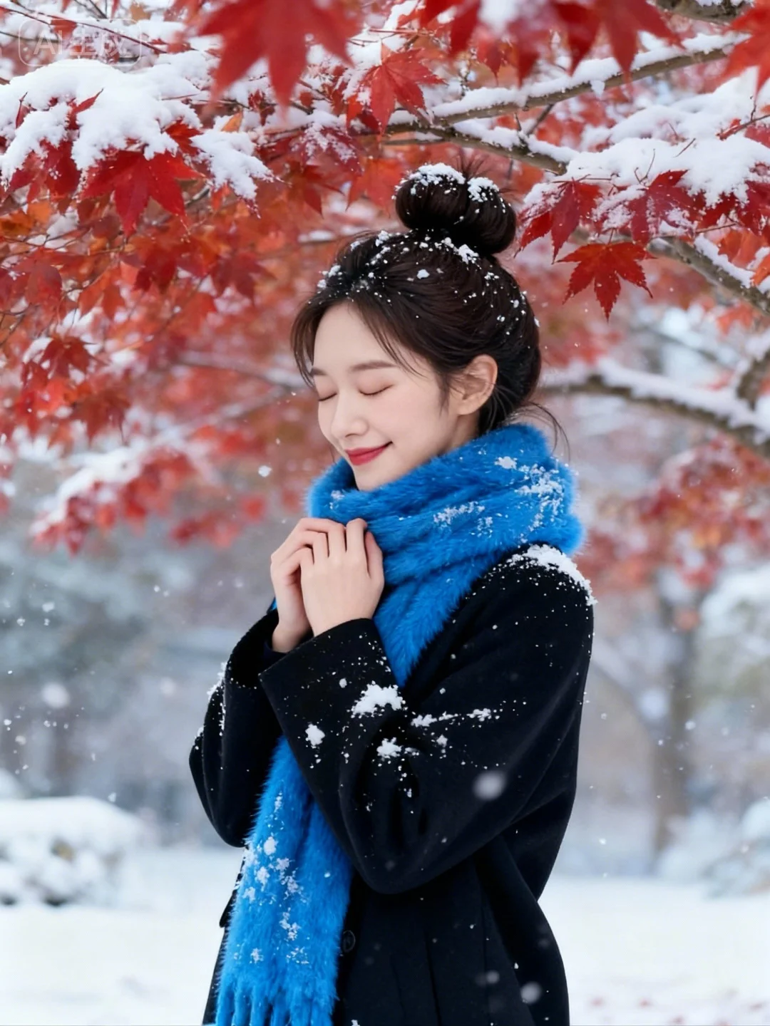 AI秋已尽冬又来红枫落雪写真