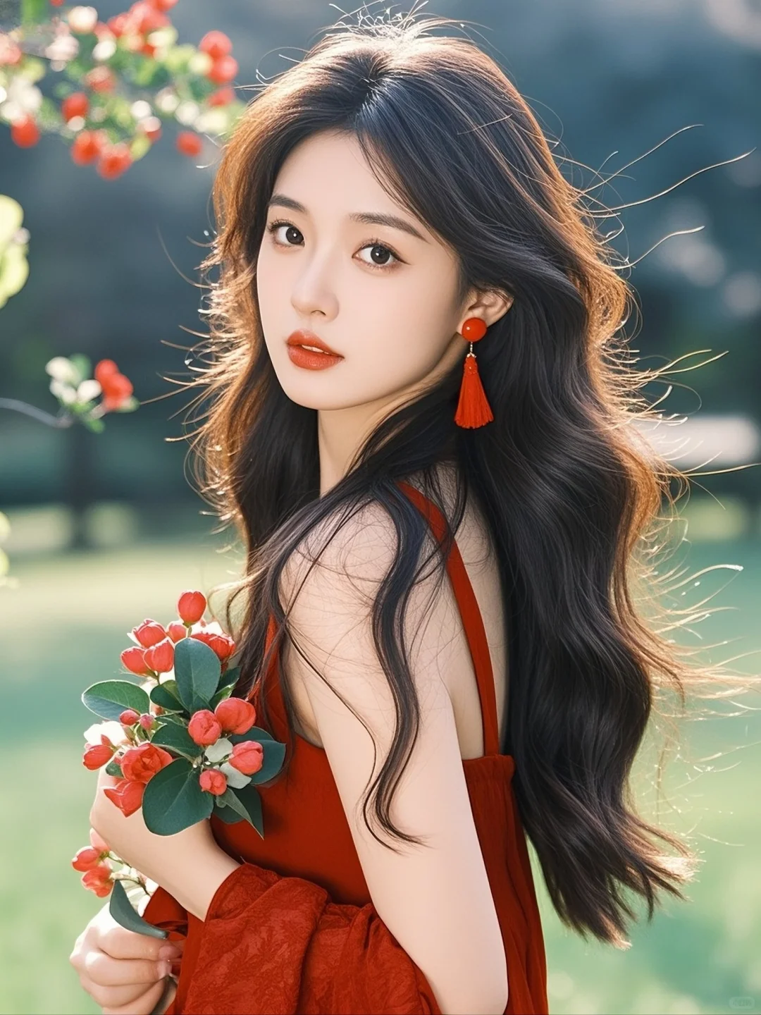 红色与鲜花的碰撞，是她的独特魅力