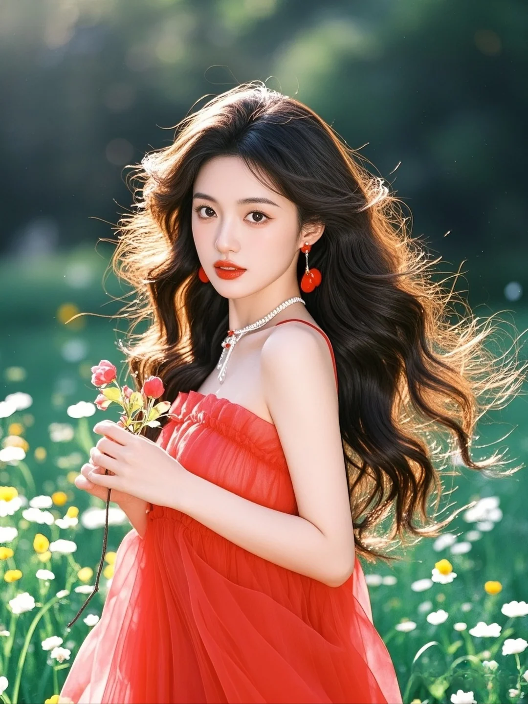 红色与鲜花的碰撞，是她的独特魅力