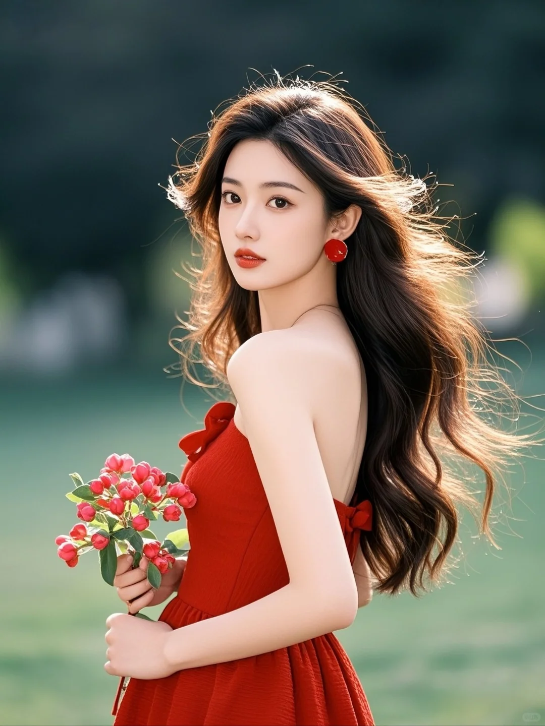 红色与鲜花的碰撞，是她的独特魅力