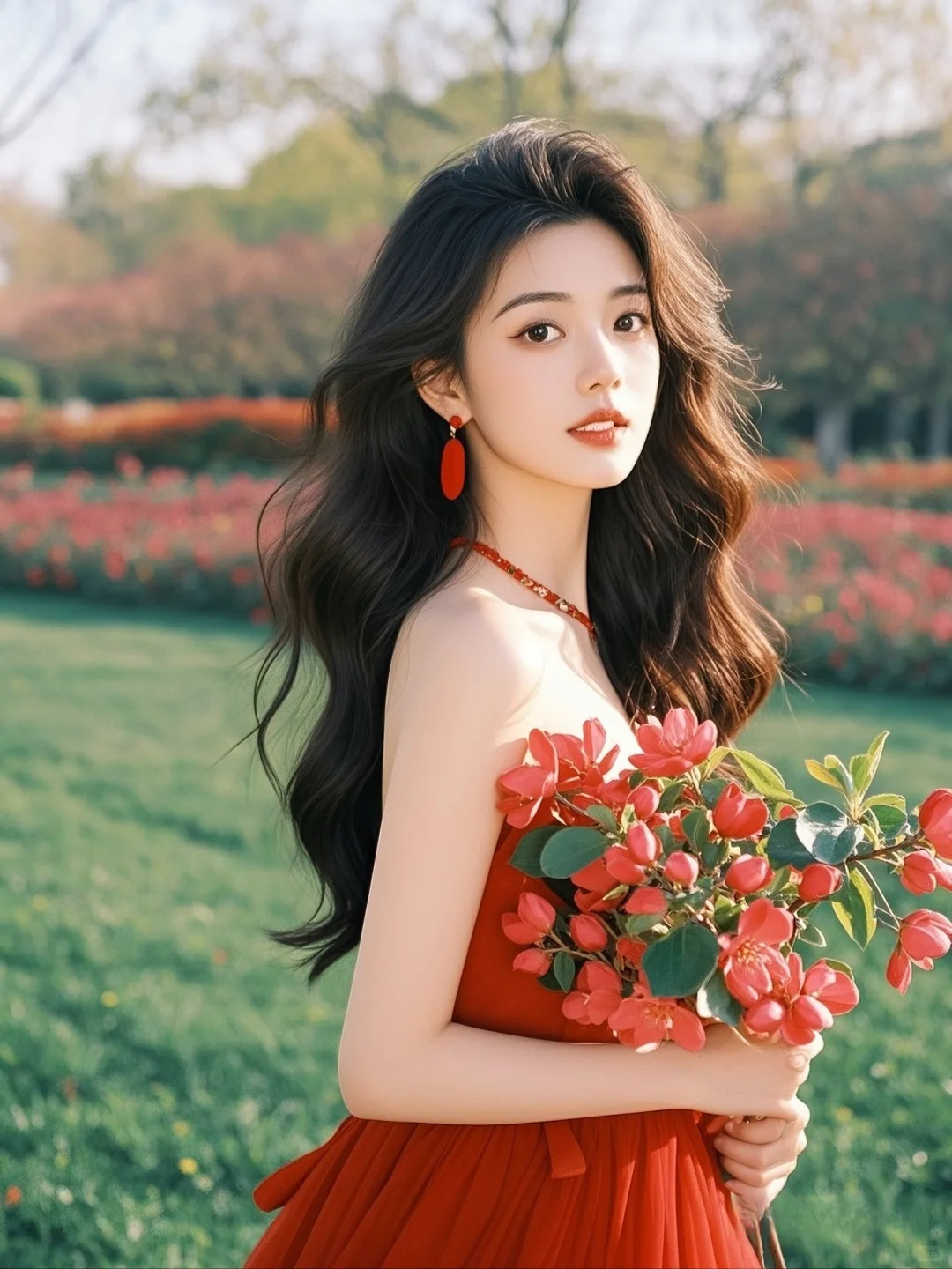 红色与鲜花的碰撞，是她的独特魅力