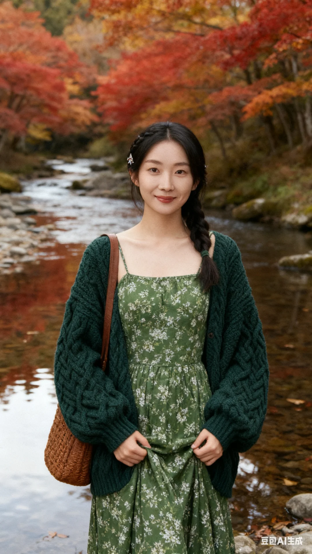 森系红叶山溪写真（附提示词）