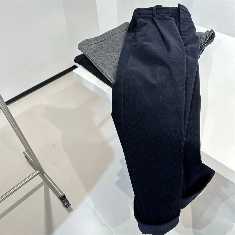 复古墨绿色灯芯绒阔腿裤子女秋冬高腰