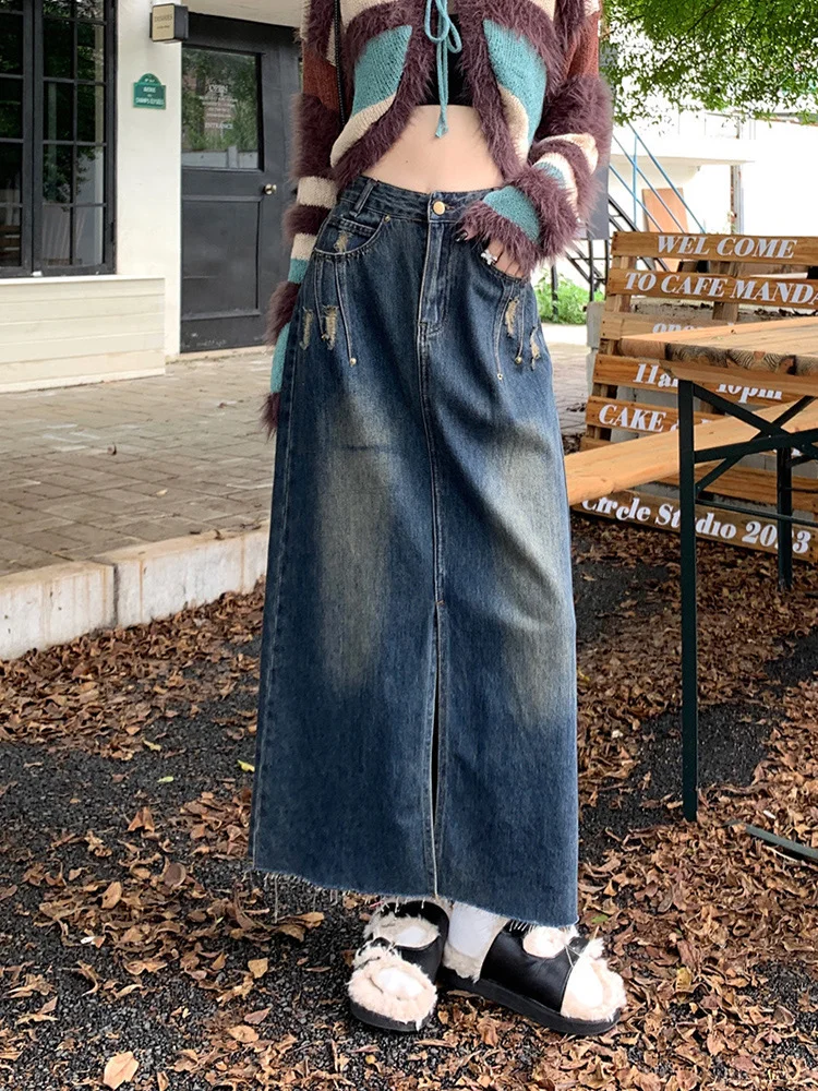 高腰牛仔开叉裙好显腿长好显身材比例～