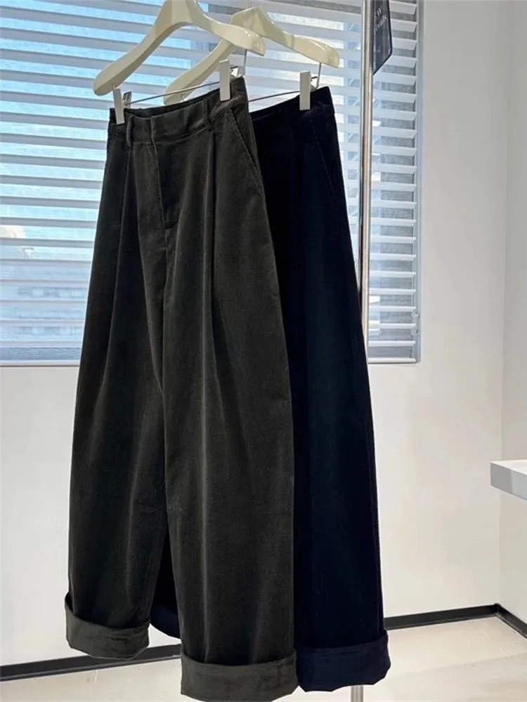 复古墨绿色灯芯绒阔腿裤子女秋冬高腰