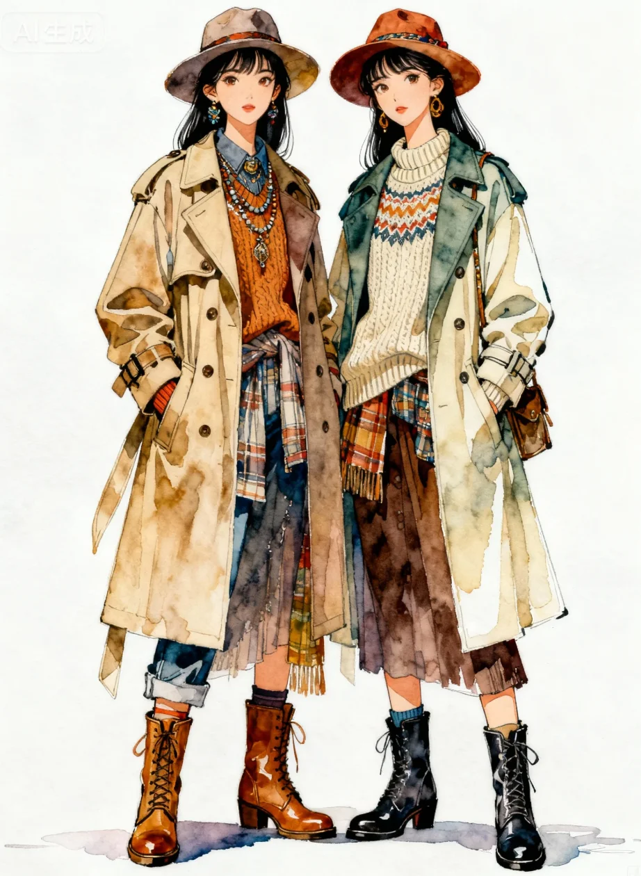 氛围感的穿搭，水彩插画