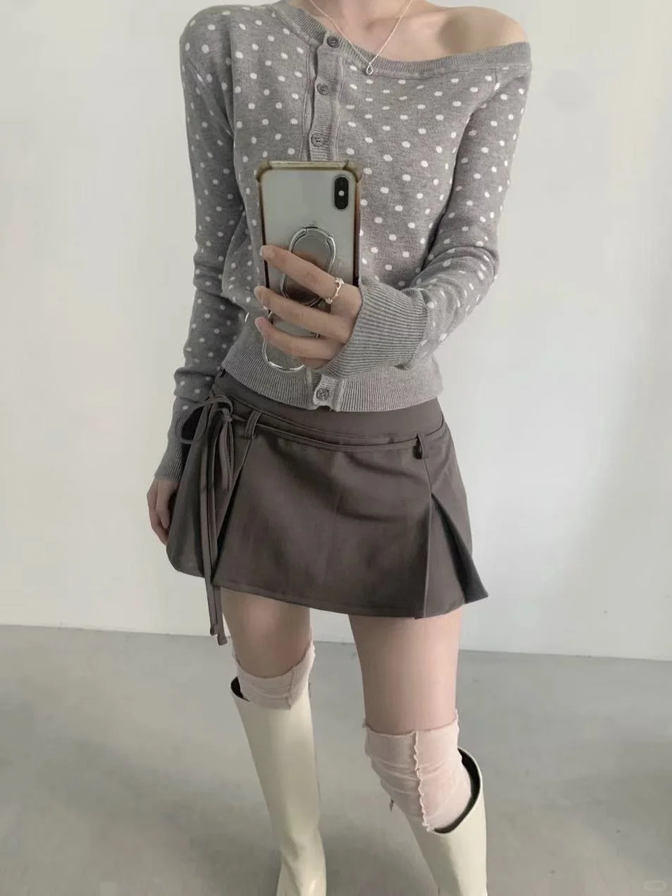 🇰🇷韩女同款露肩波点针织ෆ⃛轻松get甜美感