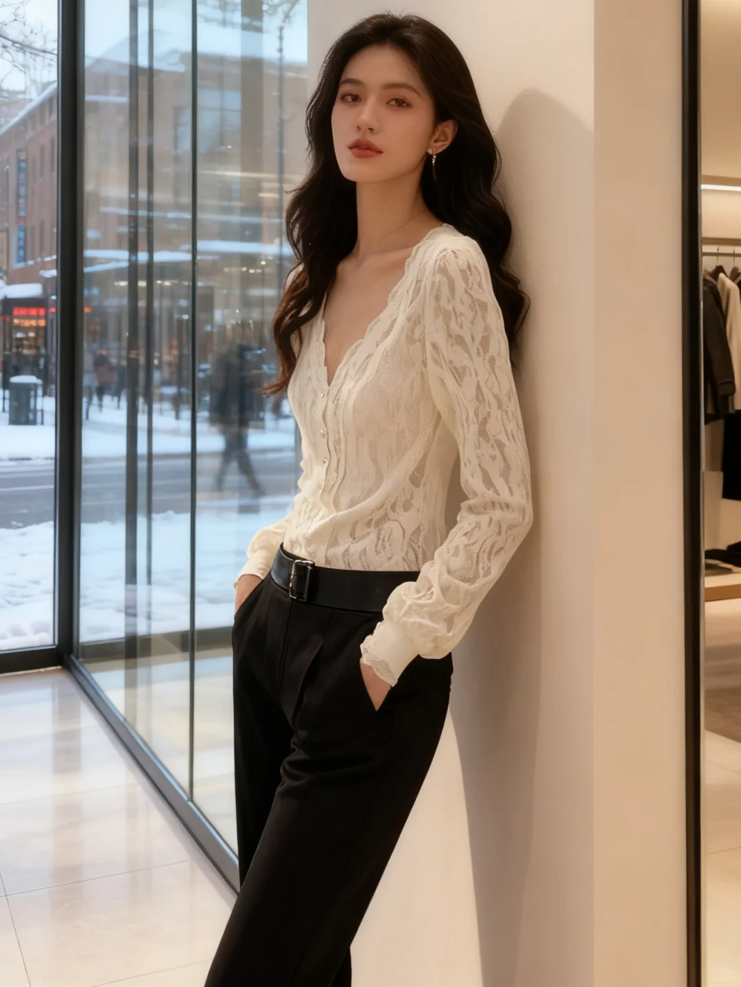秋冬V领蕾丝打底衫内搭！法式优雅穿搭