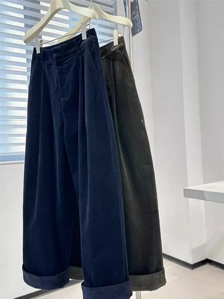 复古墨绿色灯芯绒阔腿裤子女秋冬高腰