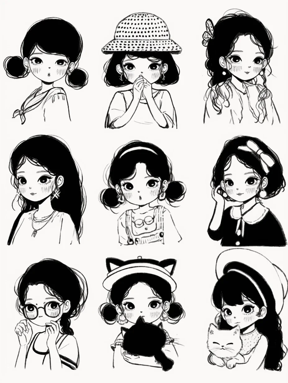 可爱小女孩黑白手绘风格插画～