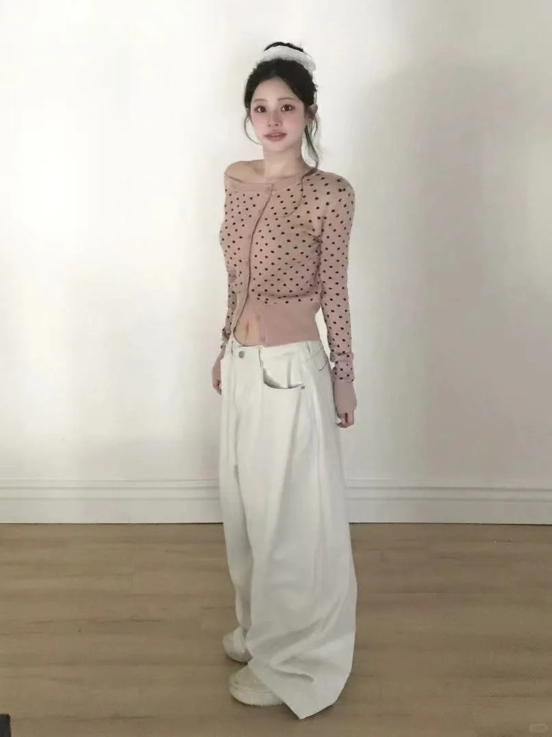 🇰🇷韩女同款露肩波点针织ෆ⃛轻松get甜美感