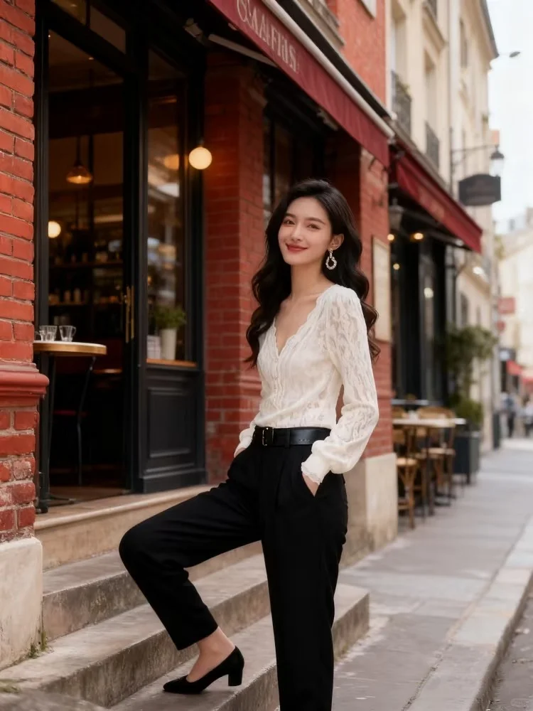 秋冬V领蕾丝打底衫内搭！法式优雅穿搭