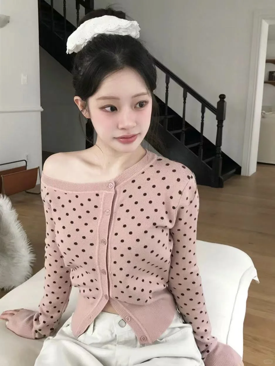 🇰🇷韩女同款露肩波点针织ෆ⃛轻松get甜美感