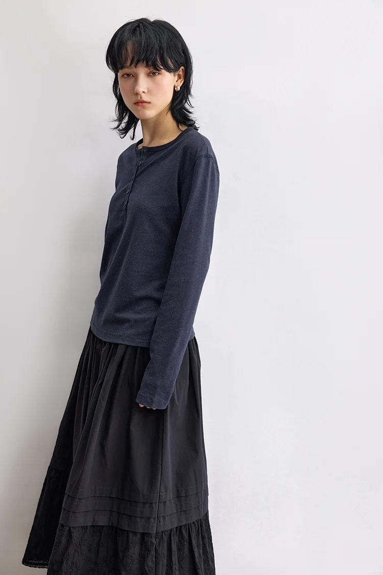 天丝亚麻棉 亨利领长袖T恤女打底衫