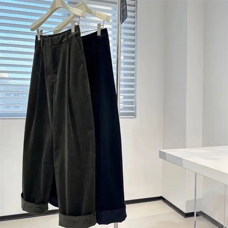 复古墨绿色灯芯绒阔腿裤子女秋冬高腰