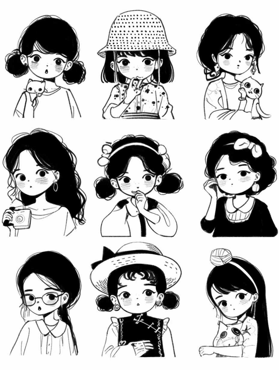 可爱小女孩黑白手绘风格插画～