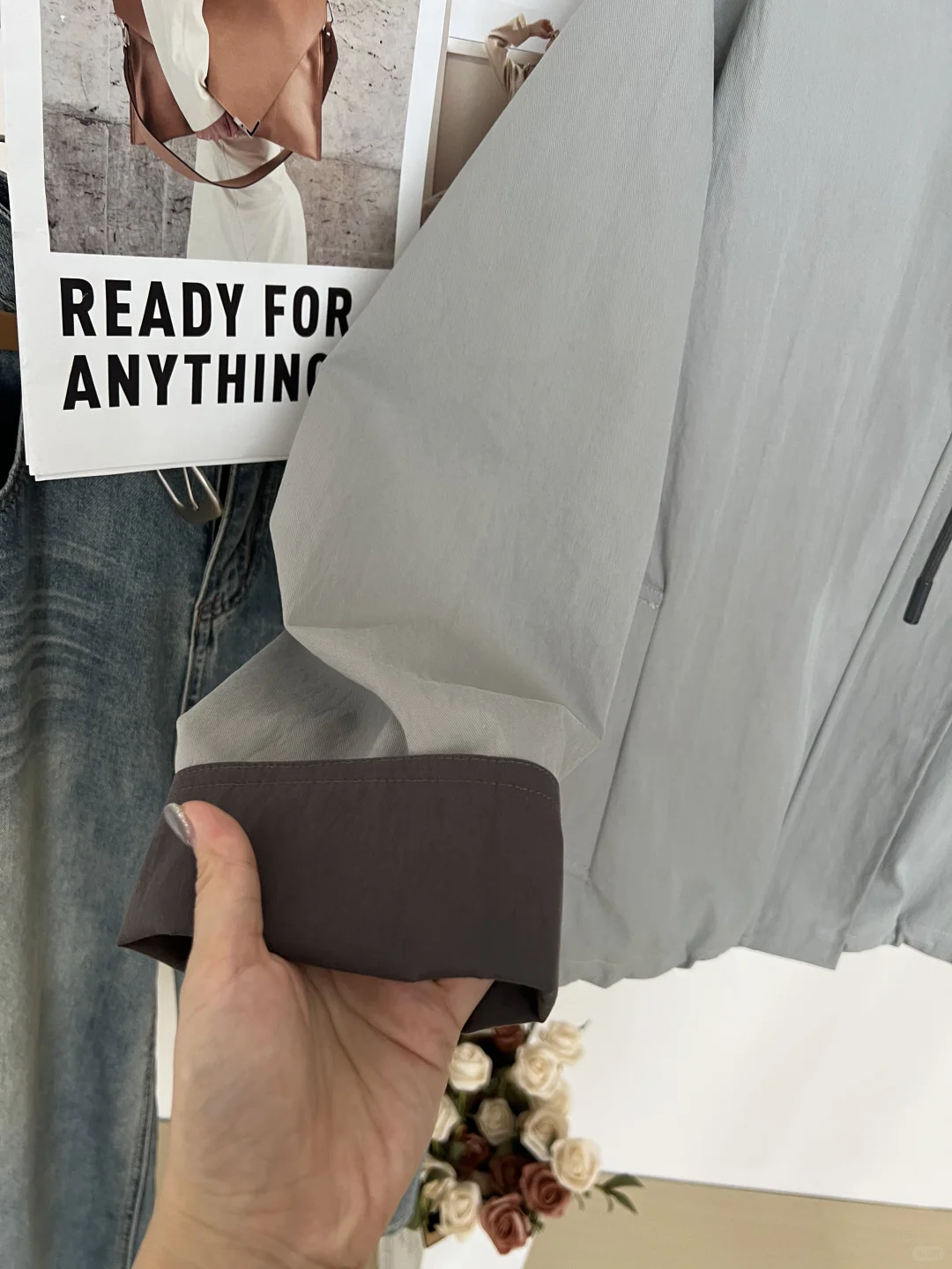 高级感通勤外套 别致雾蓝配色连帽风衣