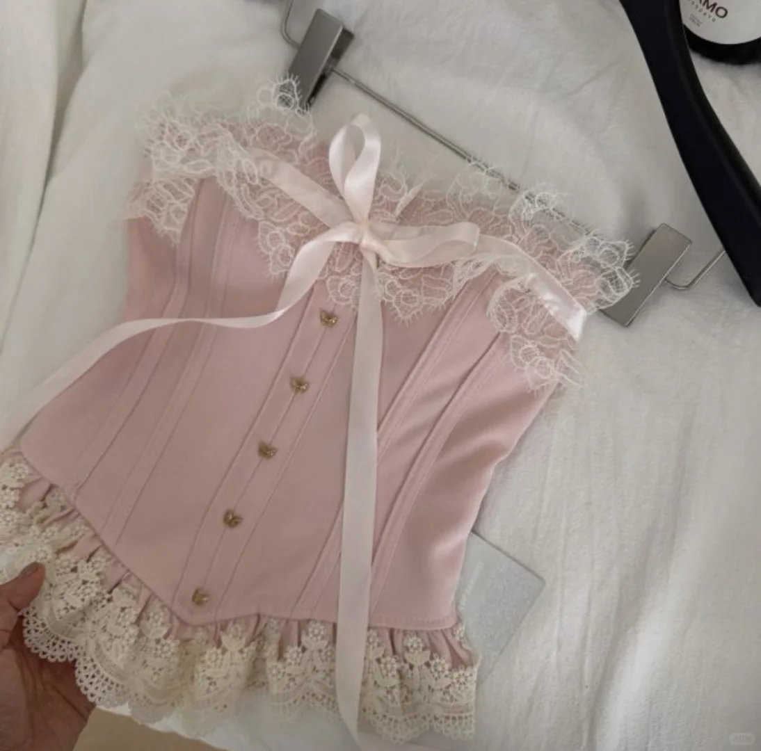 🎀粉色蕾丝蝴蝶结抹胸上衣🎀超百搭！30➕！
