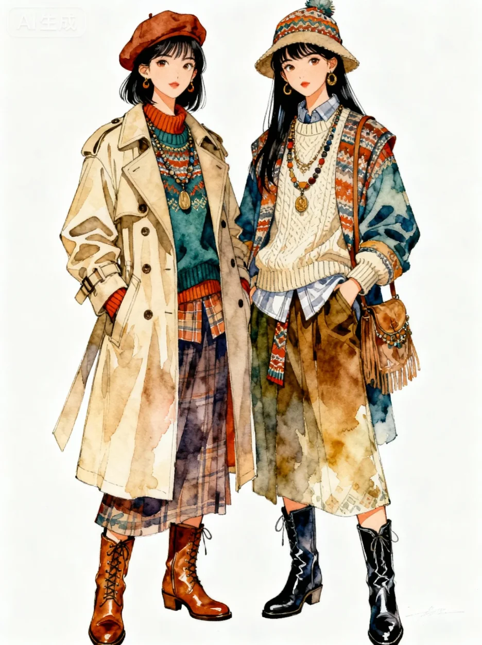 氛围感的穿搭，水彩插画