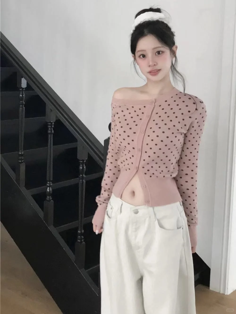 🇰🇷韩女同款露肩波点针织ෆ⃛轻松get甜美感