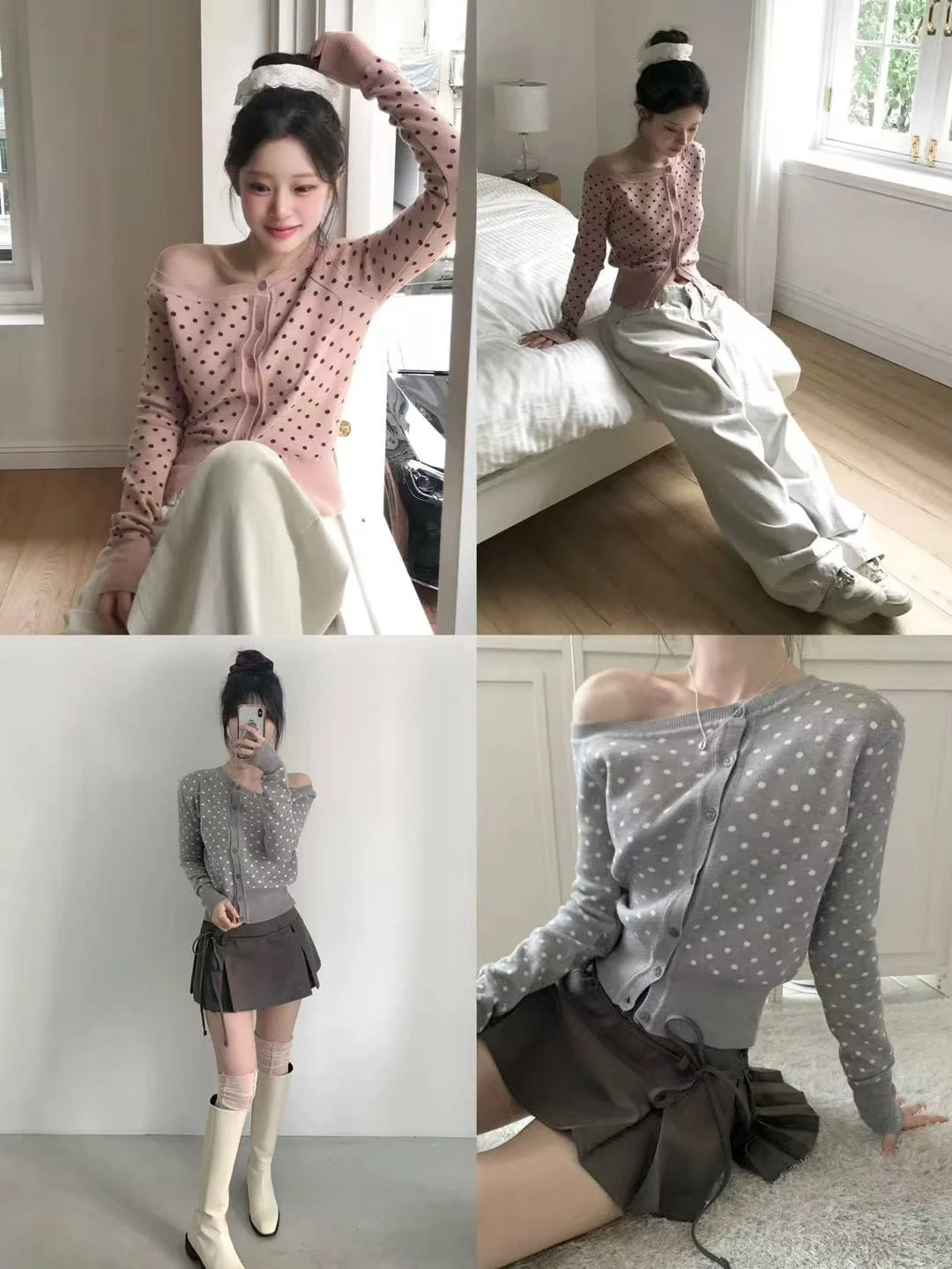 🇰🇷韩女同款露肩波点针织ෆ⃛轻松get甜美感