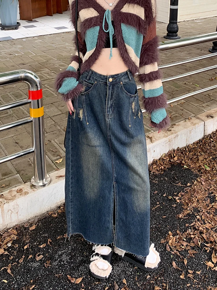 高腰牛仔开叉裙好显腿长好显身材比例～