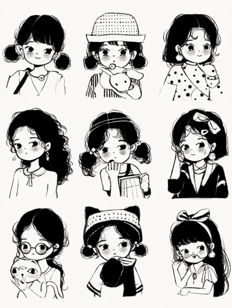 可爱小女孩黑白手绘风格插画～