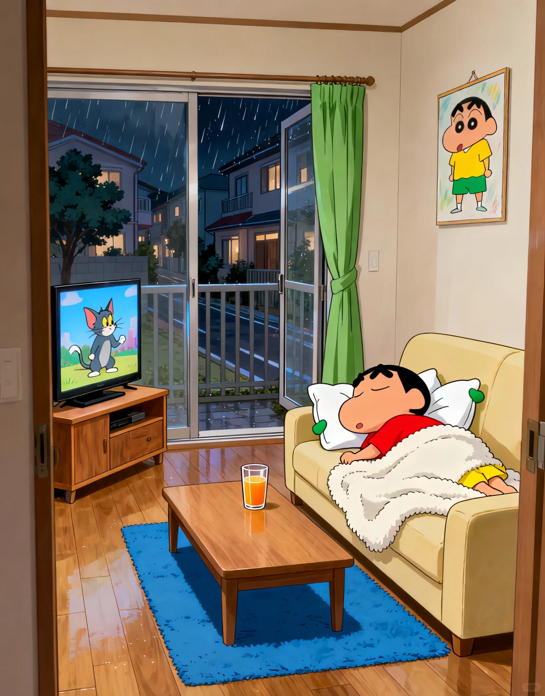 🌃下雨天小新在家睡觉