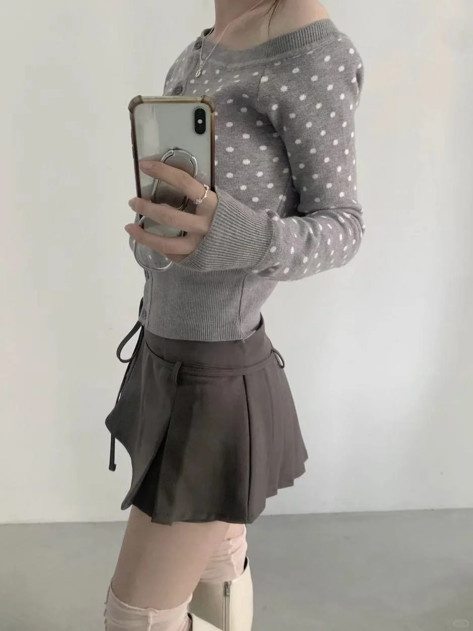 🇰🇷韩女同款露肩波点针织ෆ⃛轻松get甜美感