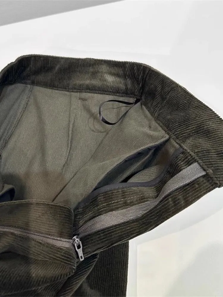 复古墨绿色灯芯绒阔腿裤子女秋冬高腰