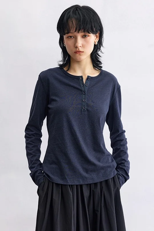 天丝亚麻棉 亨利领长袖T恤女打底衫