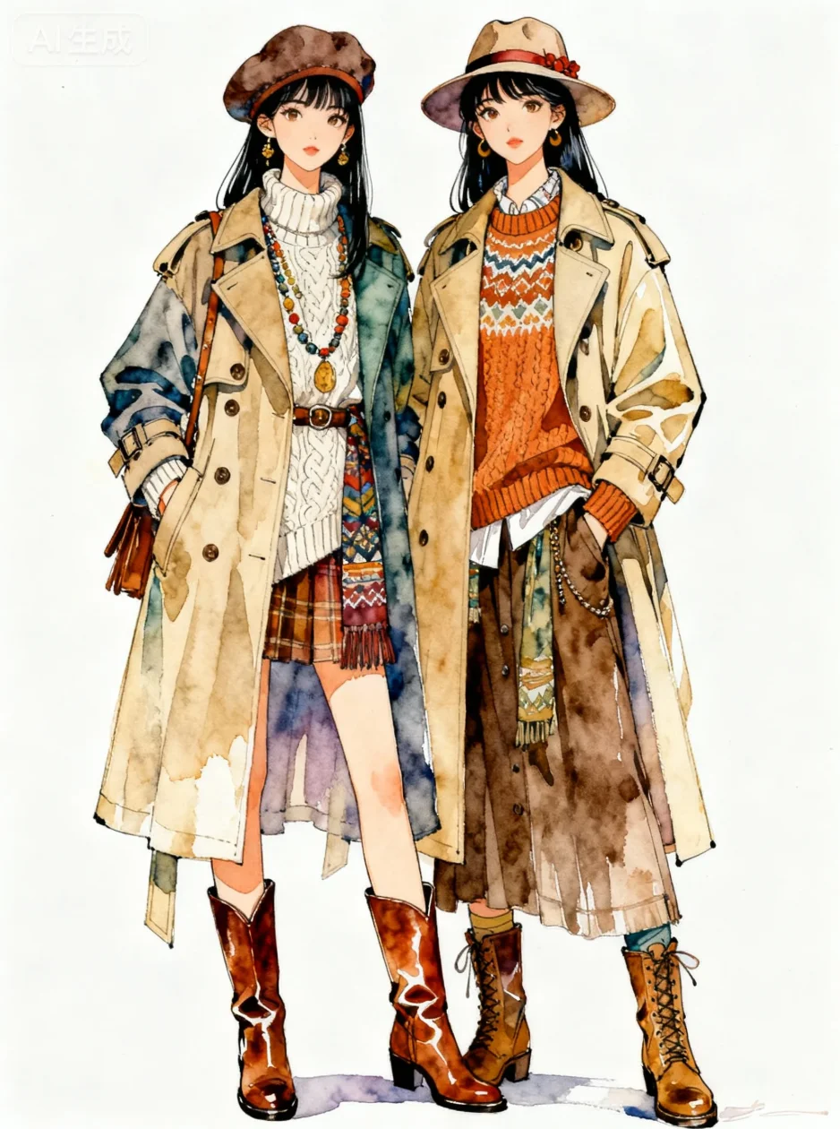 氛围感的穿搭，水彩插画