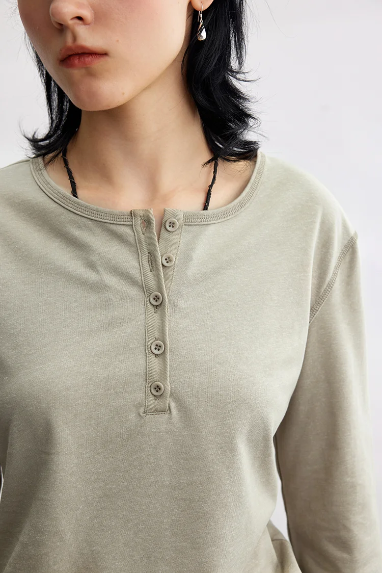 天丝亚麻棉 亨利领长袖T恤女打底衫