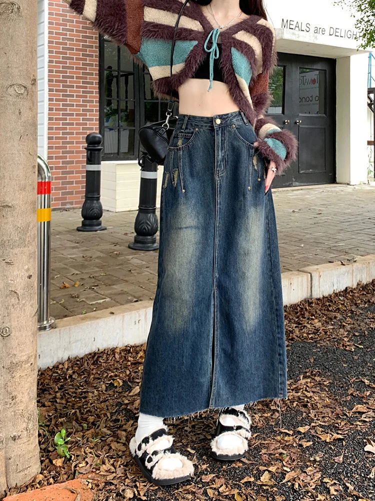 高腰牛仔开叉裙好显腿长好显身材比例～