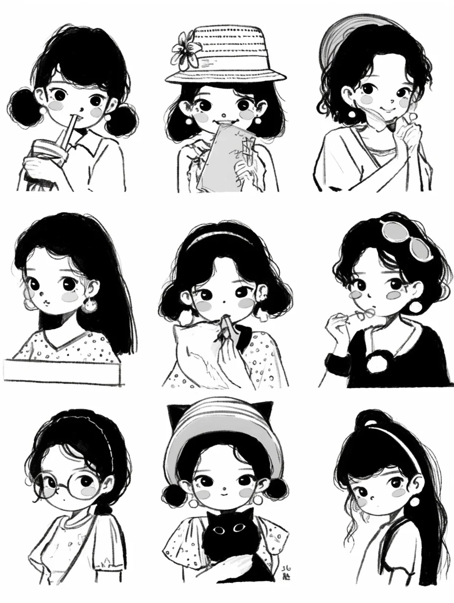 可爱小女孩黑白手绘风格插画～