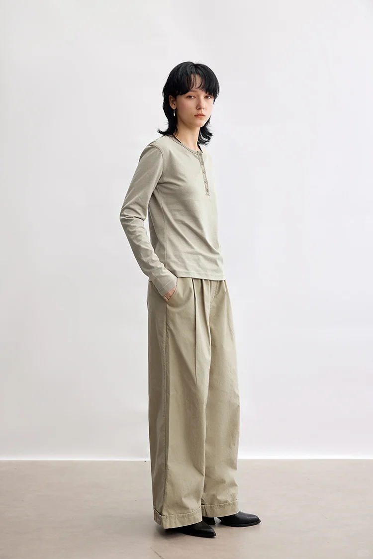 天丝亚麻棉 亨利领长袖T恤女打底衫