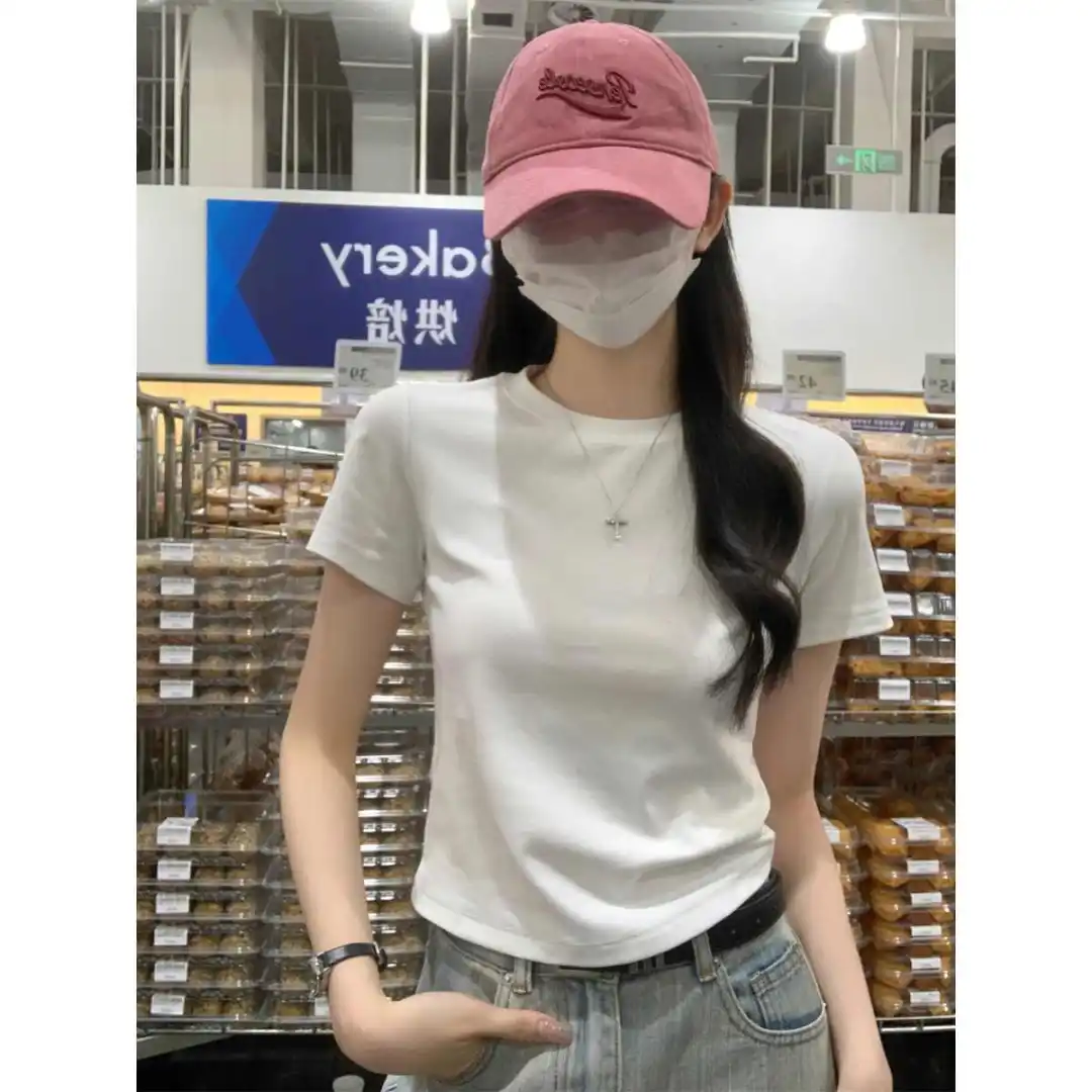 粉色圆领修身短袖t恤女2025夏季新款爆