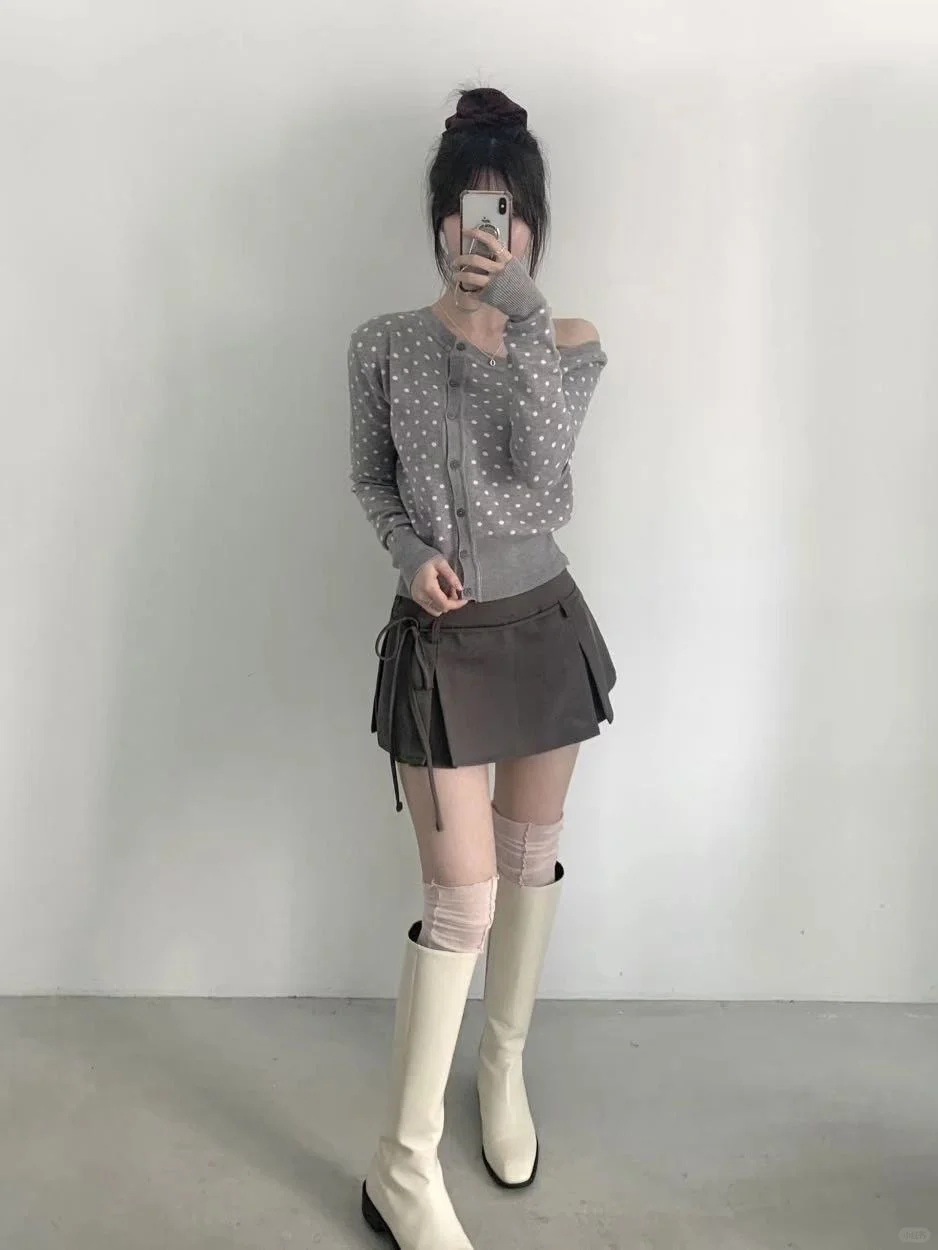 🇰🇷韩女同款露肩波点针织ෆ⃛轻松get甜美感