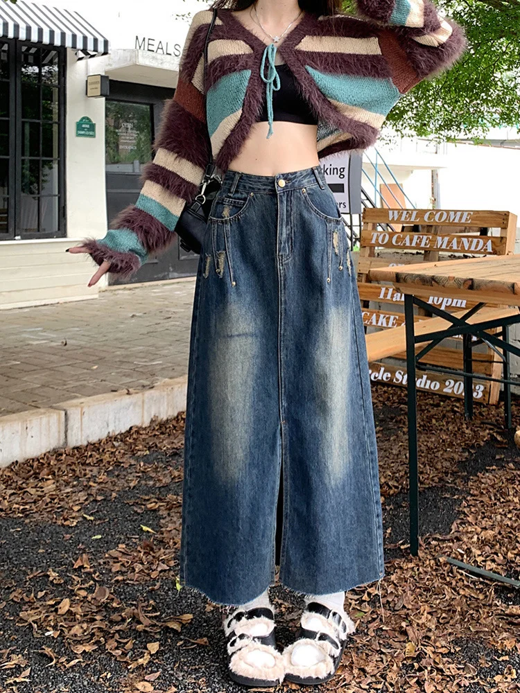 高腰牛仔开叉裙好显腿长好显身材比例～